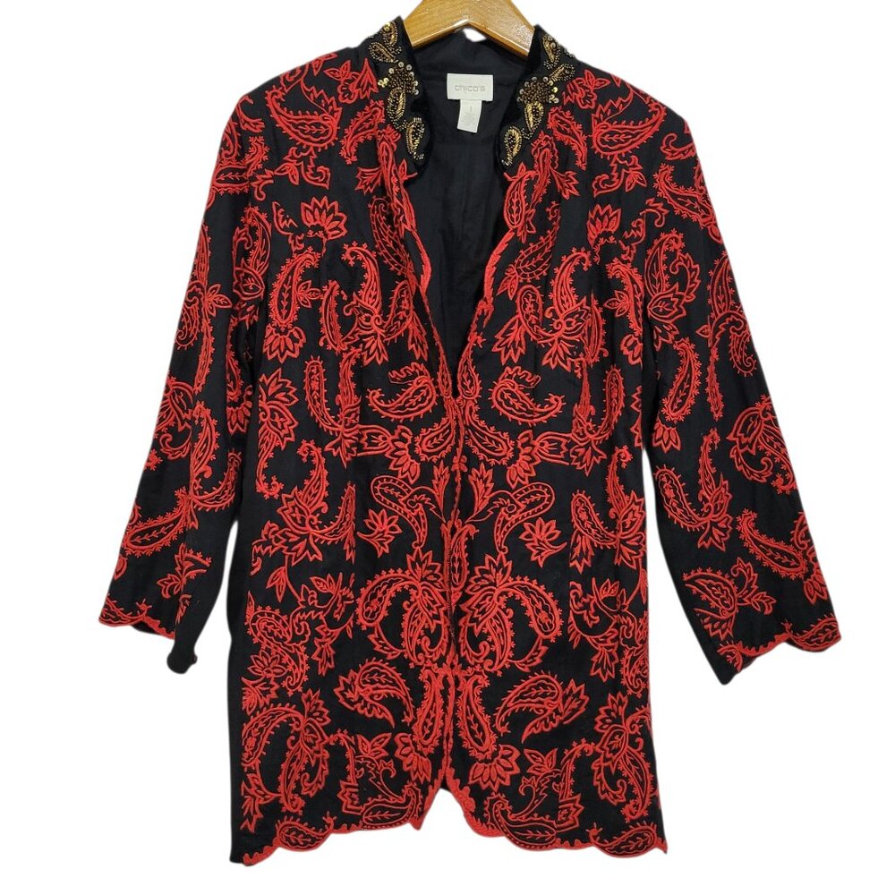 Chicos Embroidered Jacket Womens Medium Black Red Paisley Smoking Jacket Beading
